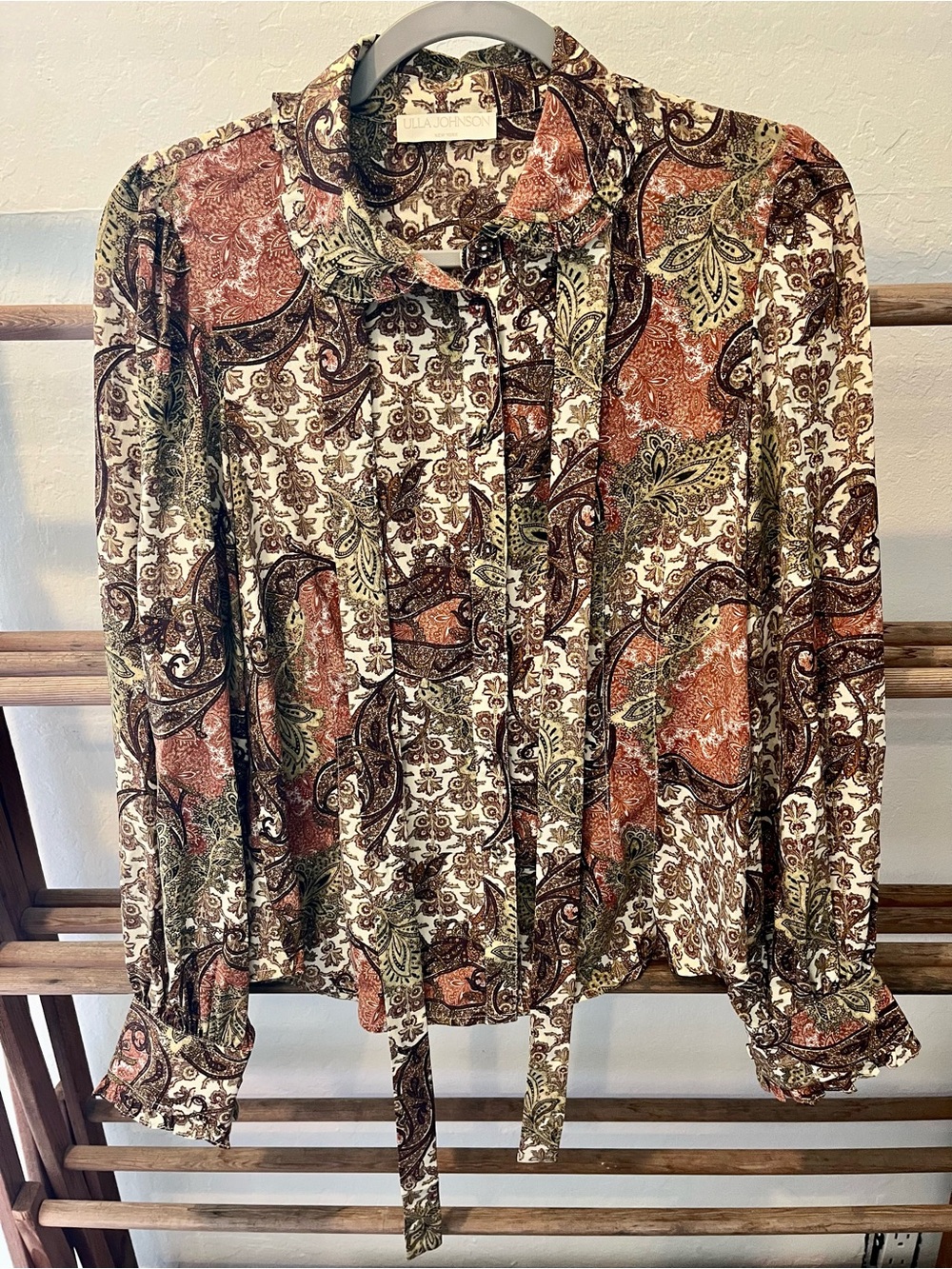Ulla Johnson Vedra Blouse Aura Paisley Print Button-Front in Rust & Olive